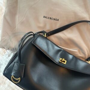 Balenciaga Black Leather Shoulder Bag with Gold Accents